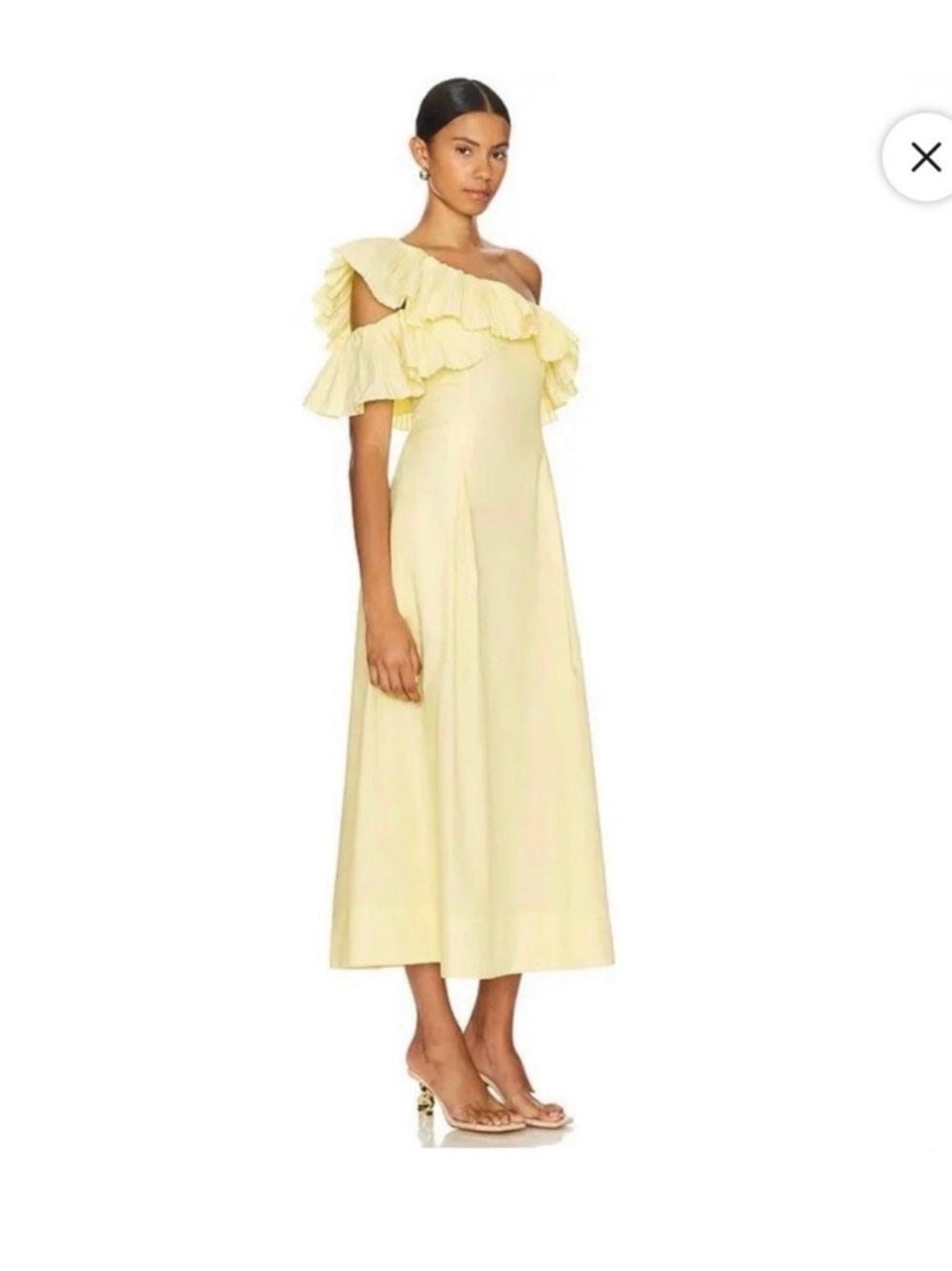 NWT Sovere Studio Bliss Midi Dress Lemon Sorbet 10 One Shoulder Ruffle Pockets